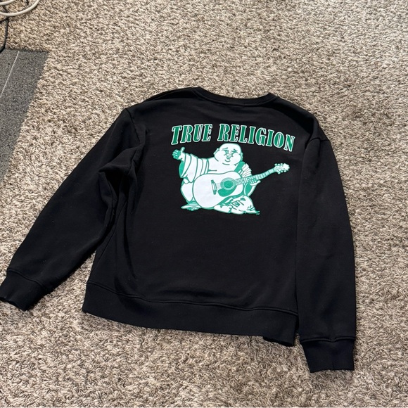 True Religion Black and Green Crewneck Sweater with Graphic Design